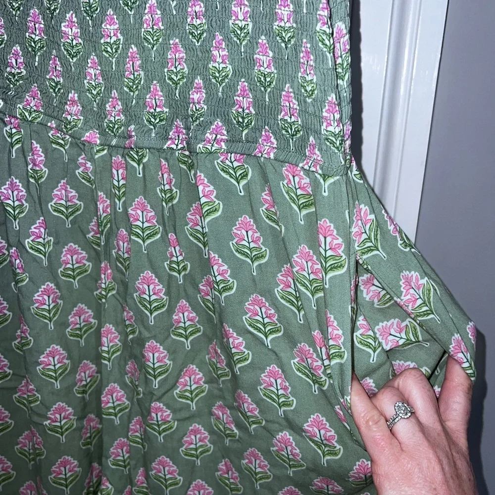 Japna Spring Floral Pink Green Flowers Viscose Smocked Tank Wide Leg Jumpsuit. - Picture 6 of 9